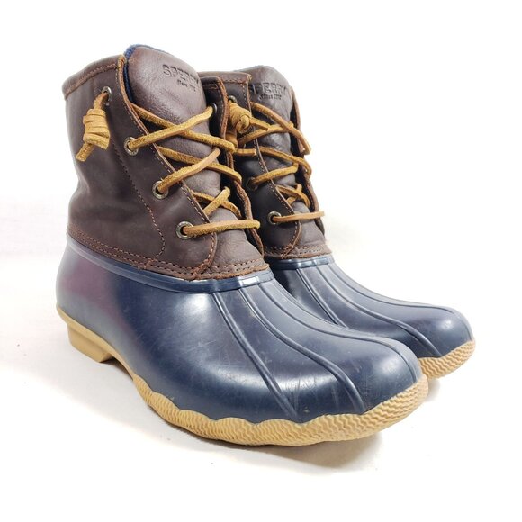 Sperry Womens Size 9 Duck Boots Brown & Navy Waterproof Fleece Lined - Picture 1 of 9